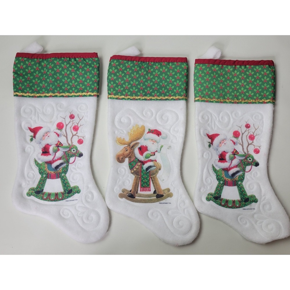 Vintage Morehead Santa Rocking Reindeer & Moose Christmas Stockings Set of 3